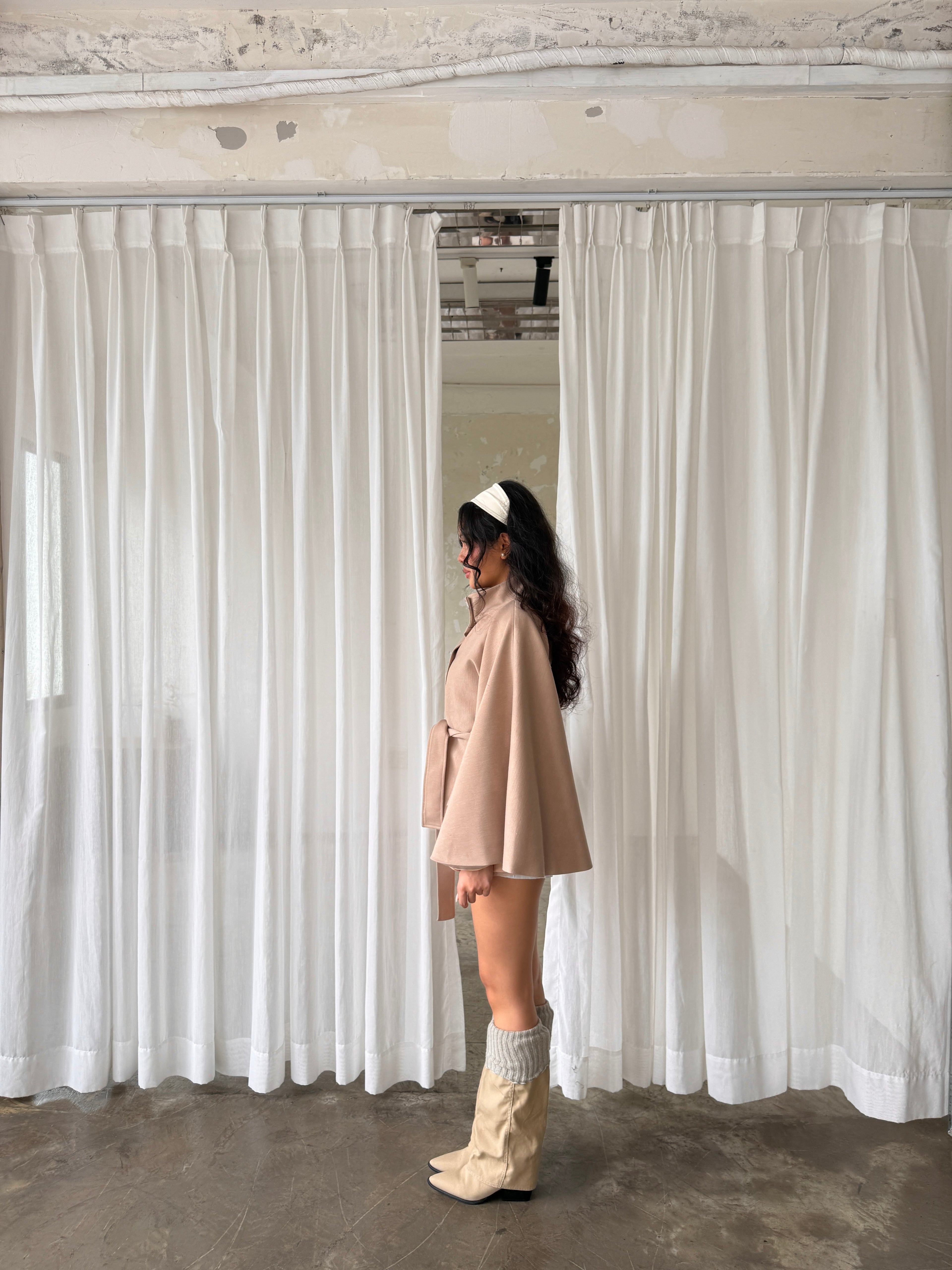 05 Beige High Collar Cape Jacket