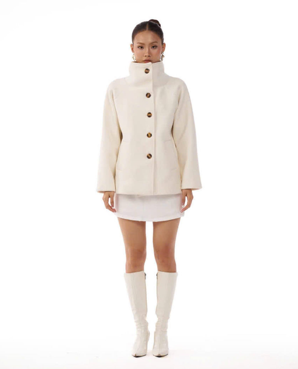 09 White Pea Coat High Wide Collar