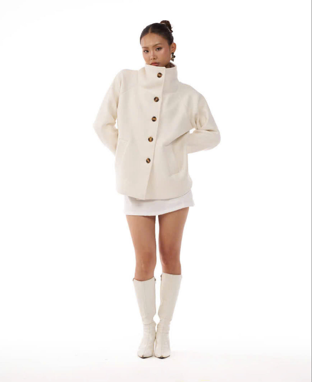 09 White Pea Coat High Wide Collar
