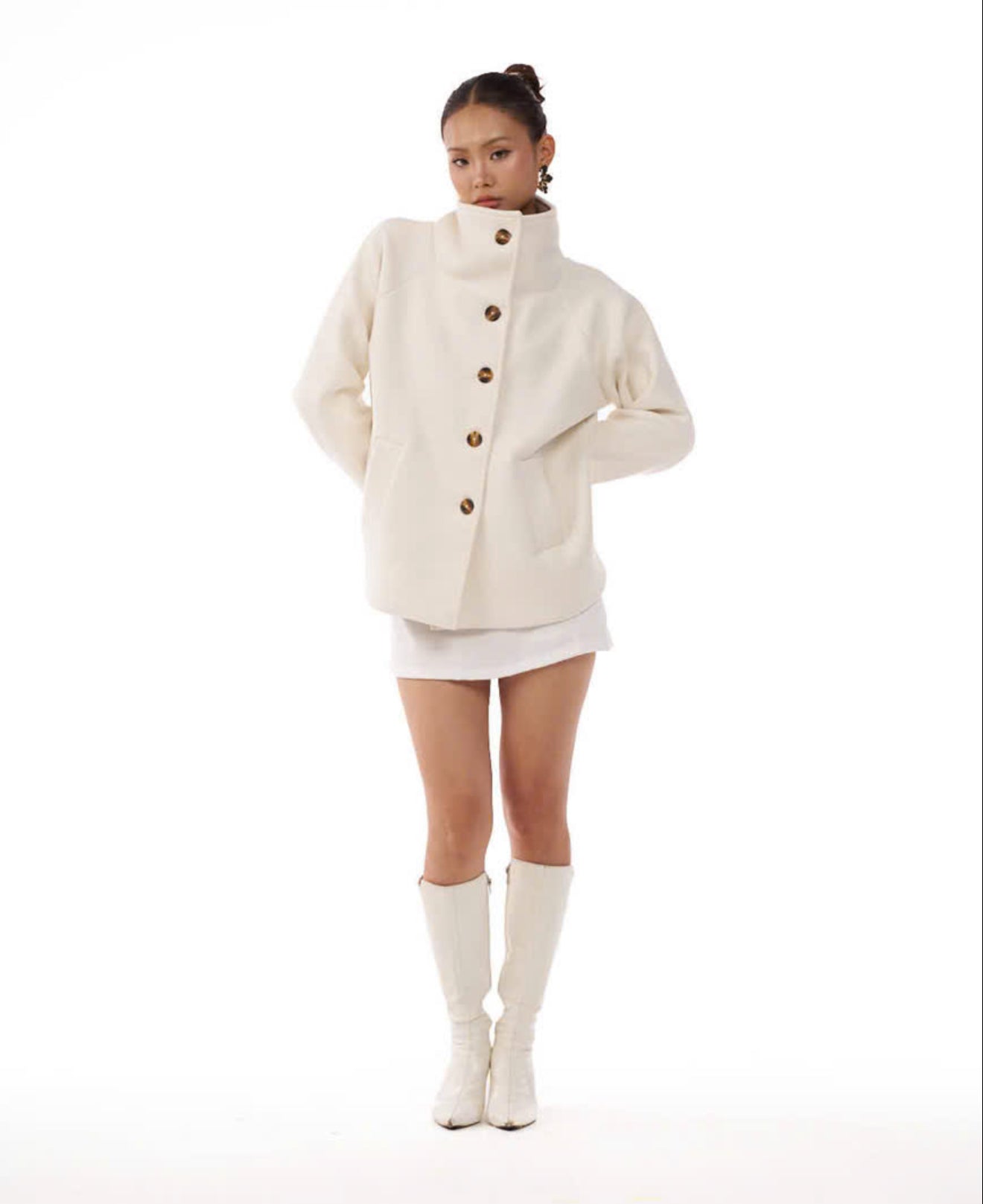 09 White Pea Coat High Wide Collar