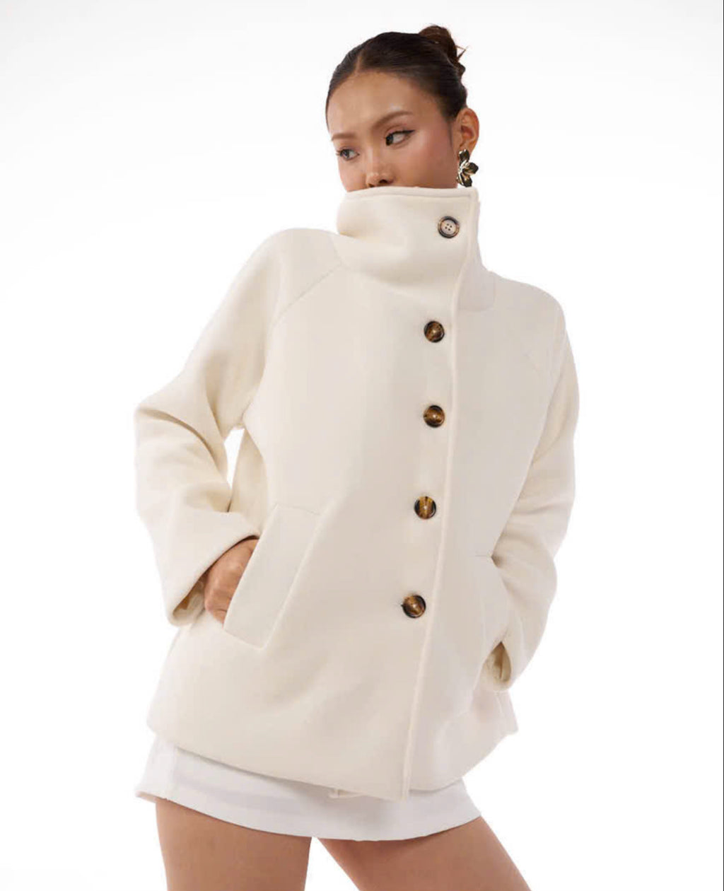 09 White Pea Coat High Wide Collar
