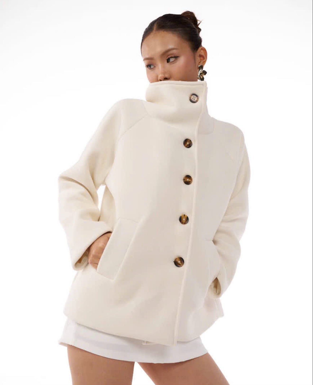 09 White Pea Coat High Wide Collar