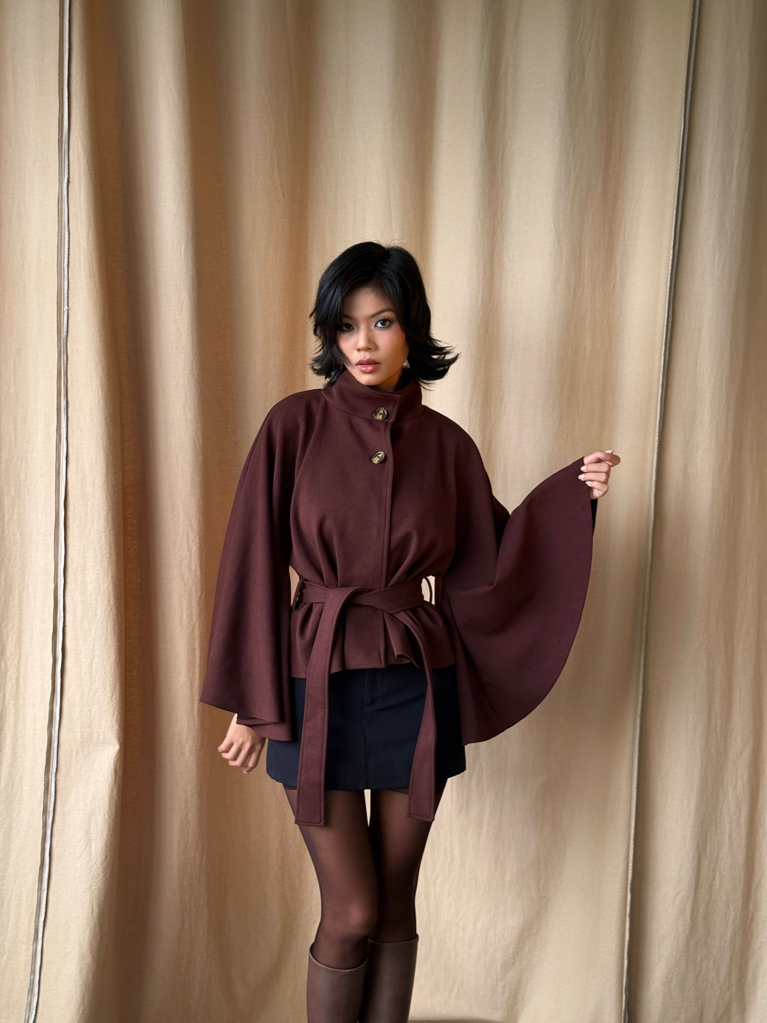 02 Fall Winter Brown High Collar Cape Jacket