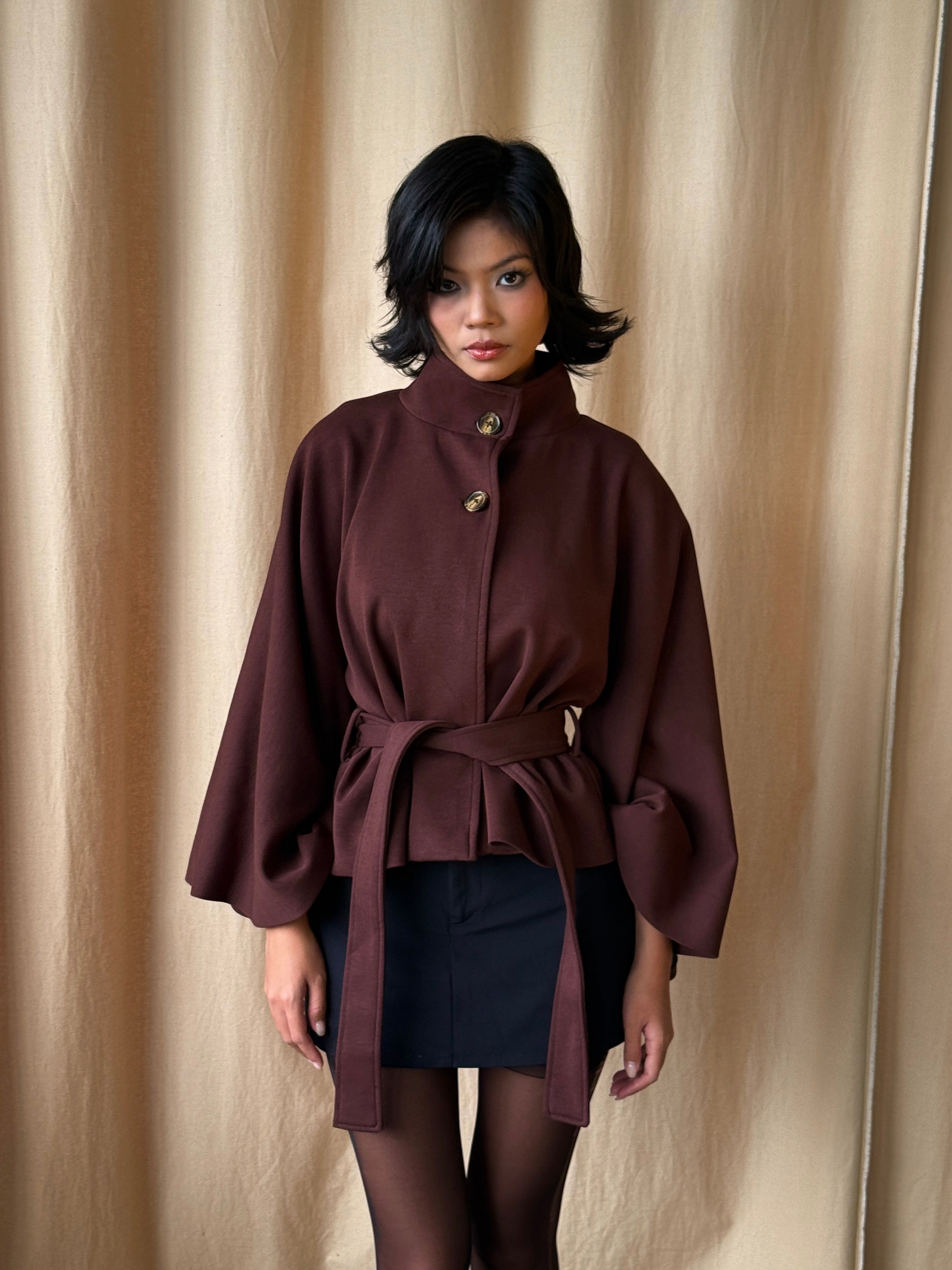 02 Fall Winter Brown High Collar Cape Jacket
