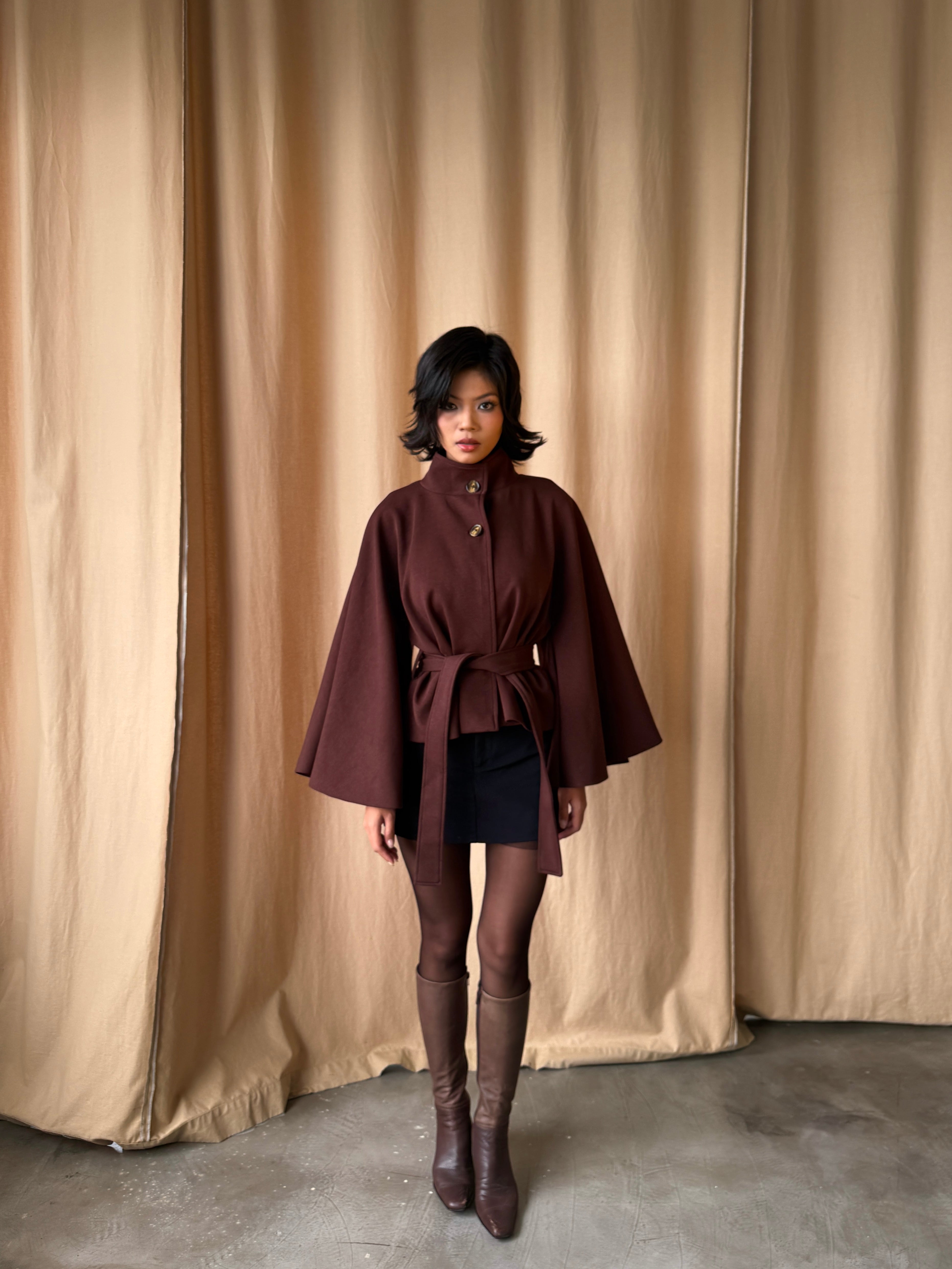 02 Fall Winter Brown High Collar Cape Jacket