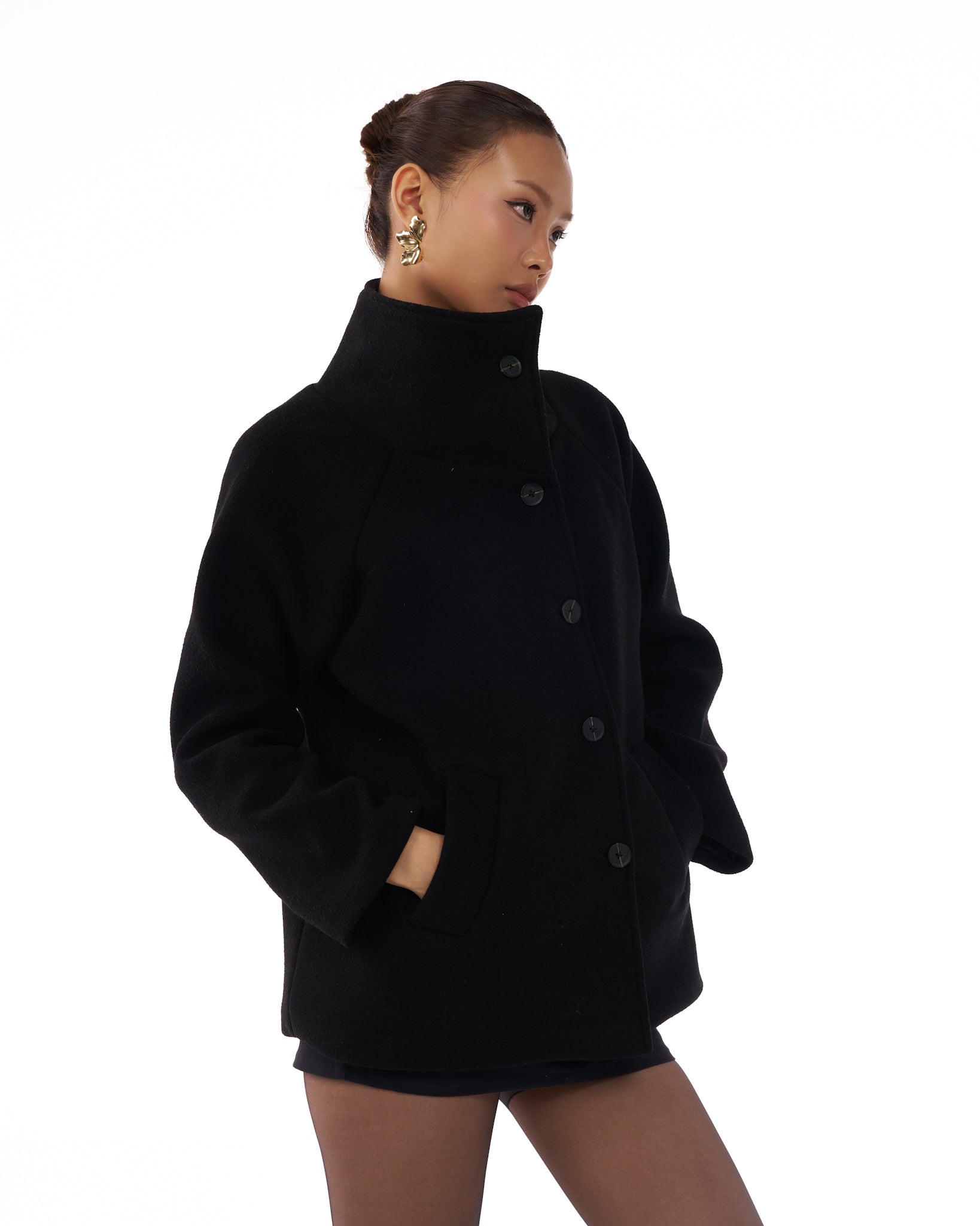 09 Black Pea Coat High Wide Collar