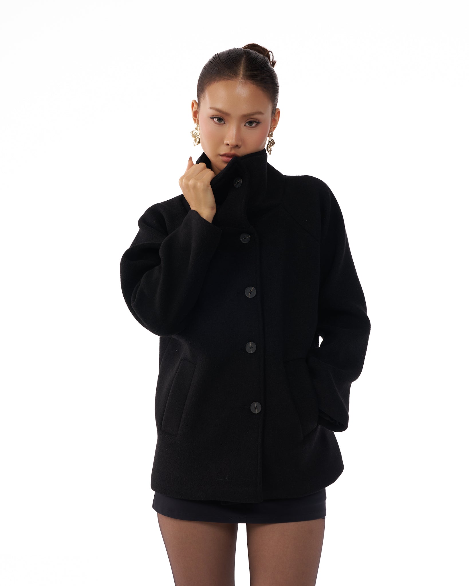 09 Black Pea Coat High Wide Collar