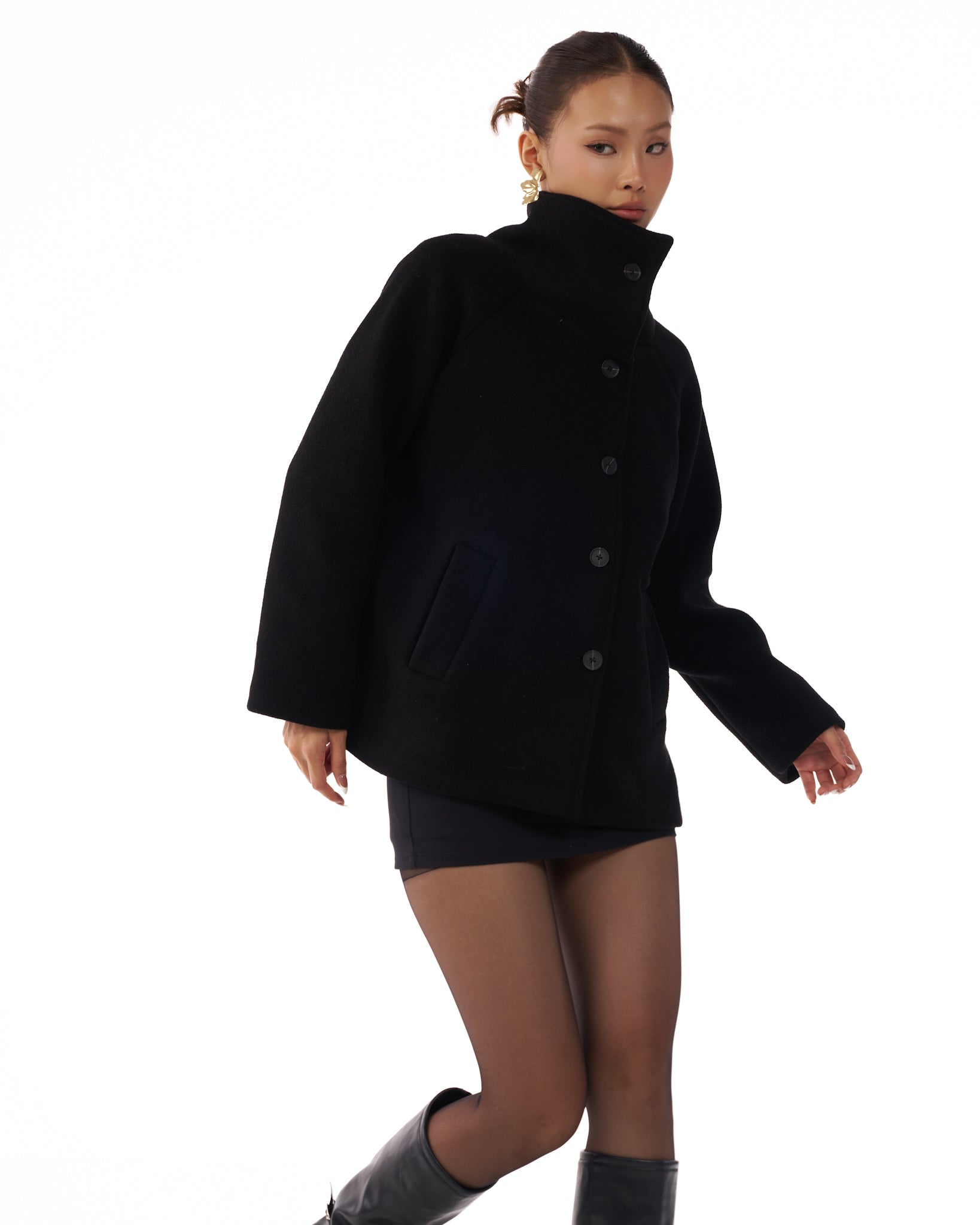 09 Black Pea Coat High Wide Collar