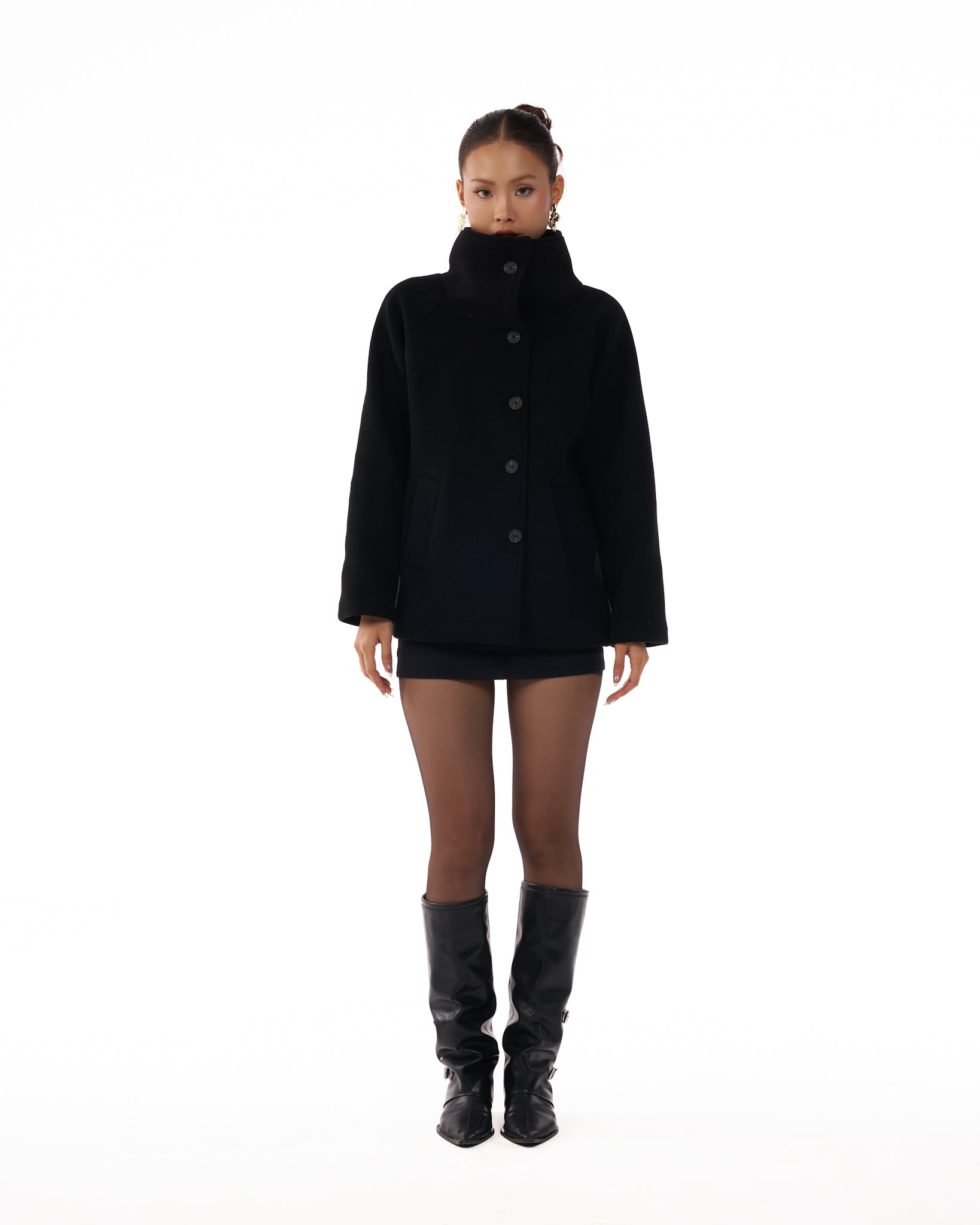 09 Black Pea Coat High Wide Collar