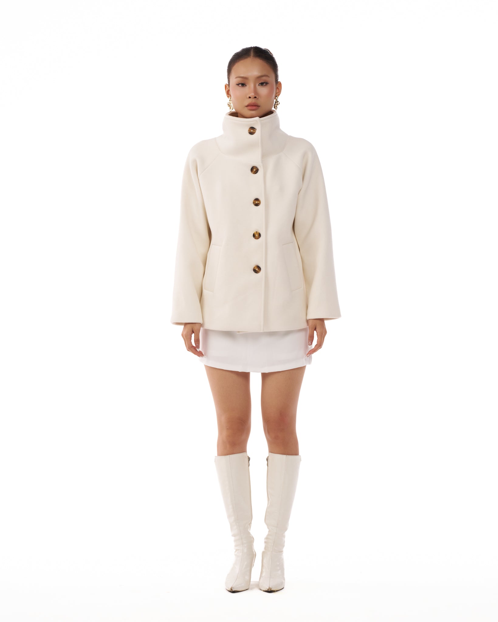 09 White Pea Coat High Wide Collar