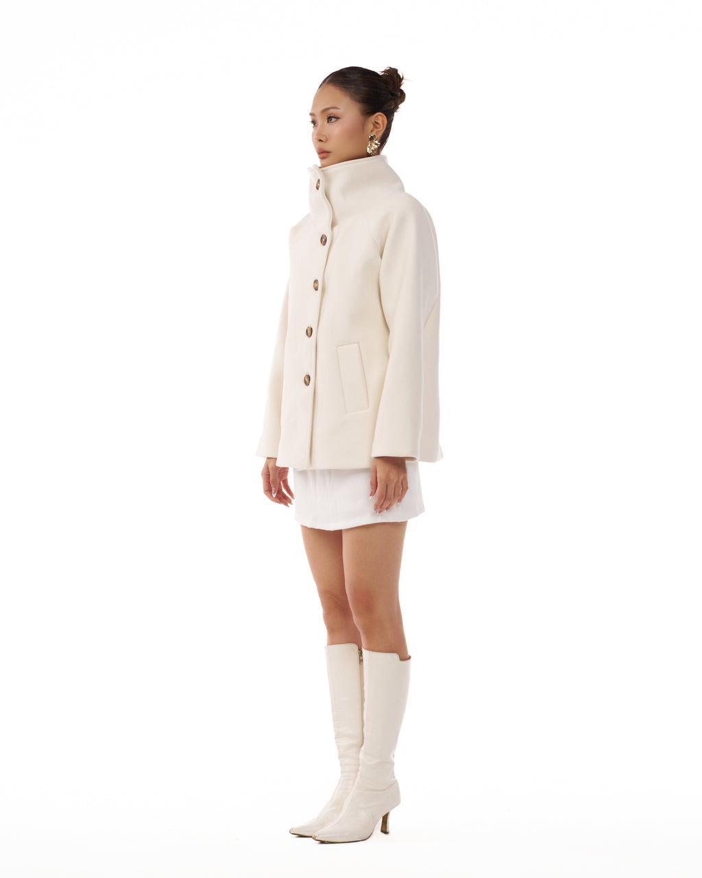 09 White Pea Coat High Wide Collar
