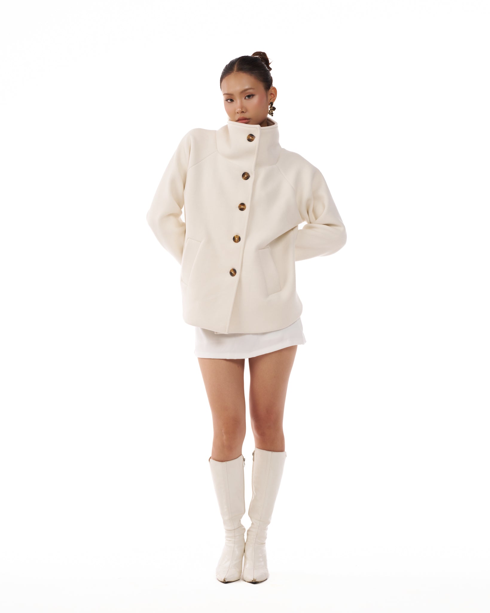 09 White Pea Coat High Wide Collar