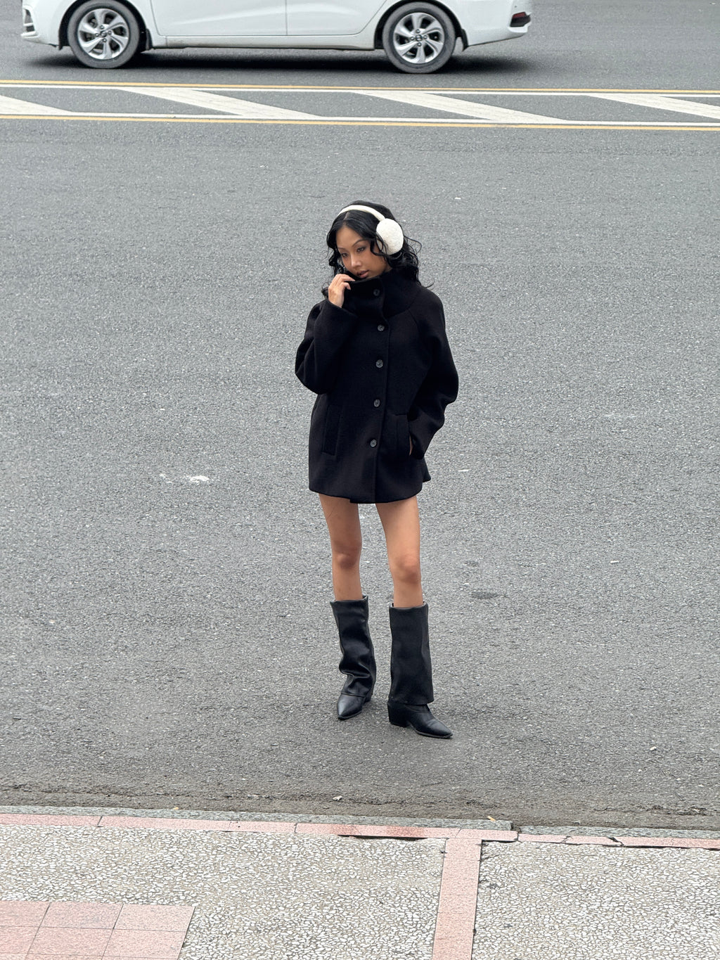 09 Black Pea Coat High Wide Collar