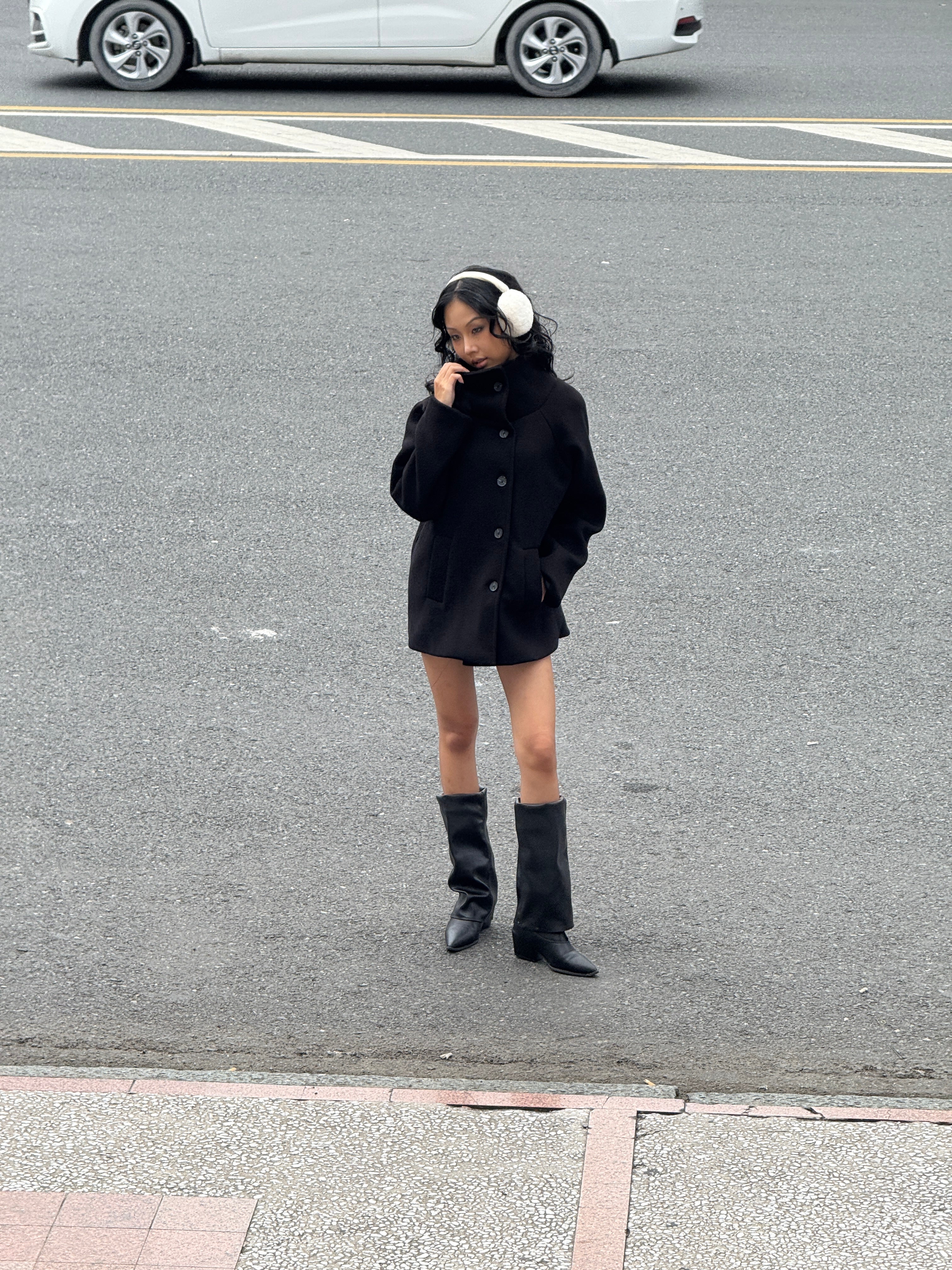 09 Black Pea Coat High Wide Collar