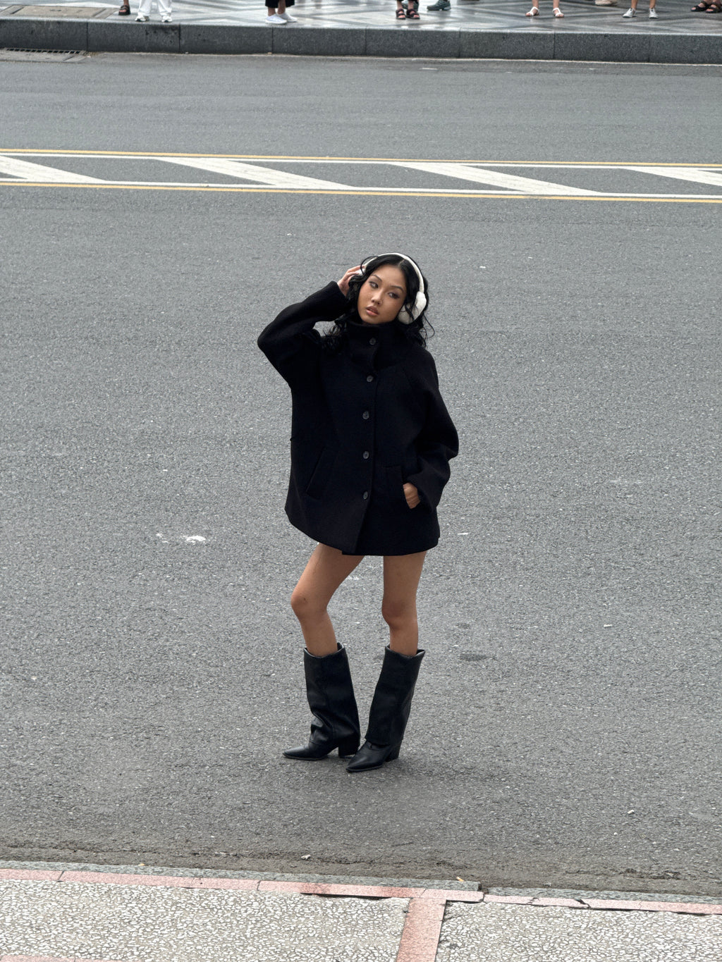 09 Black Pea Coat High Wide Collar