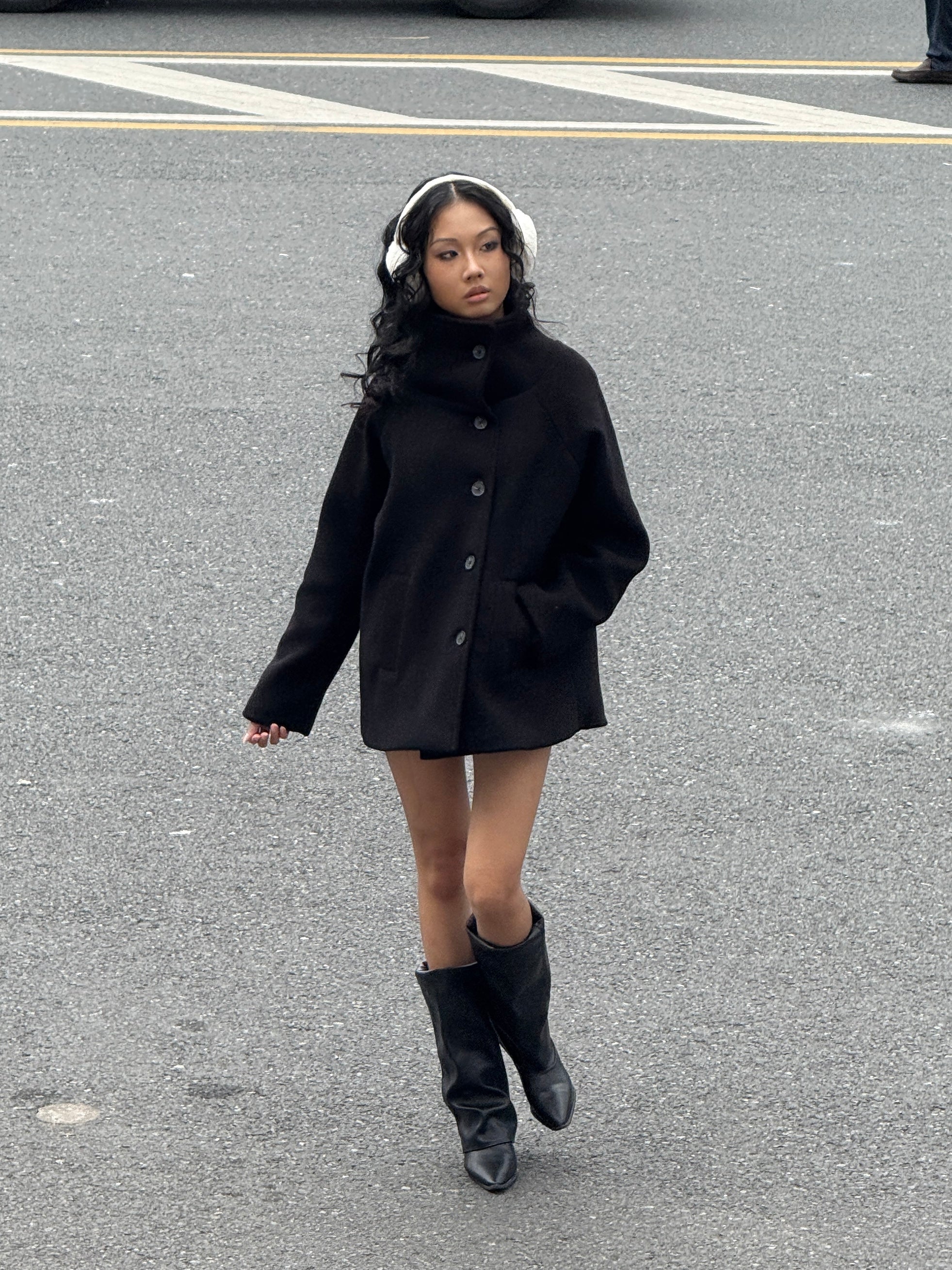 09 Black Pea Coat High Wide Collar