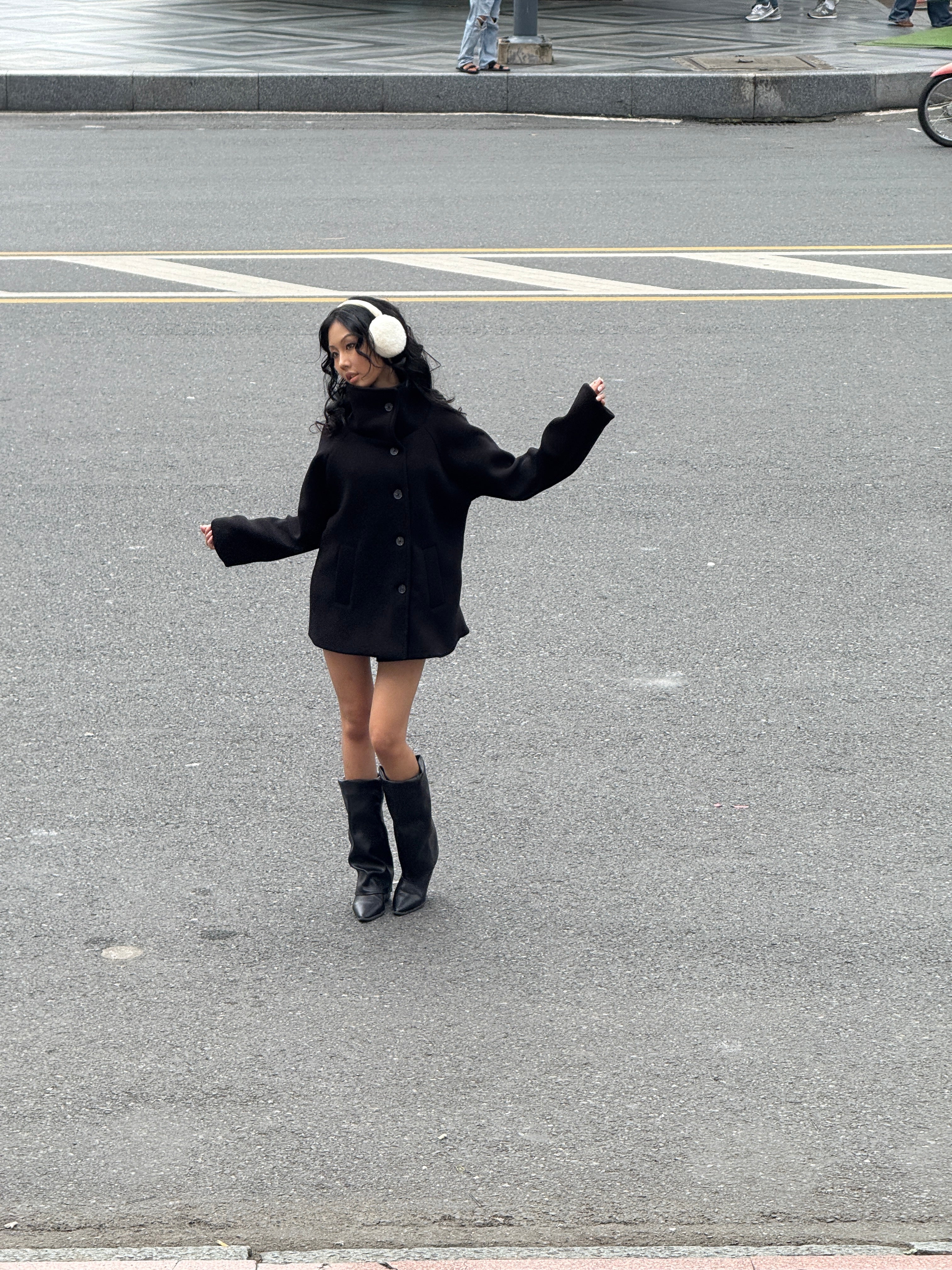 09 Black Pea Coat High Wide Collar