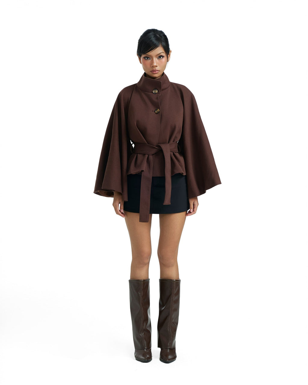 02 Brown High Collar Cape Jacket
