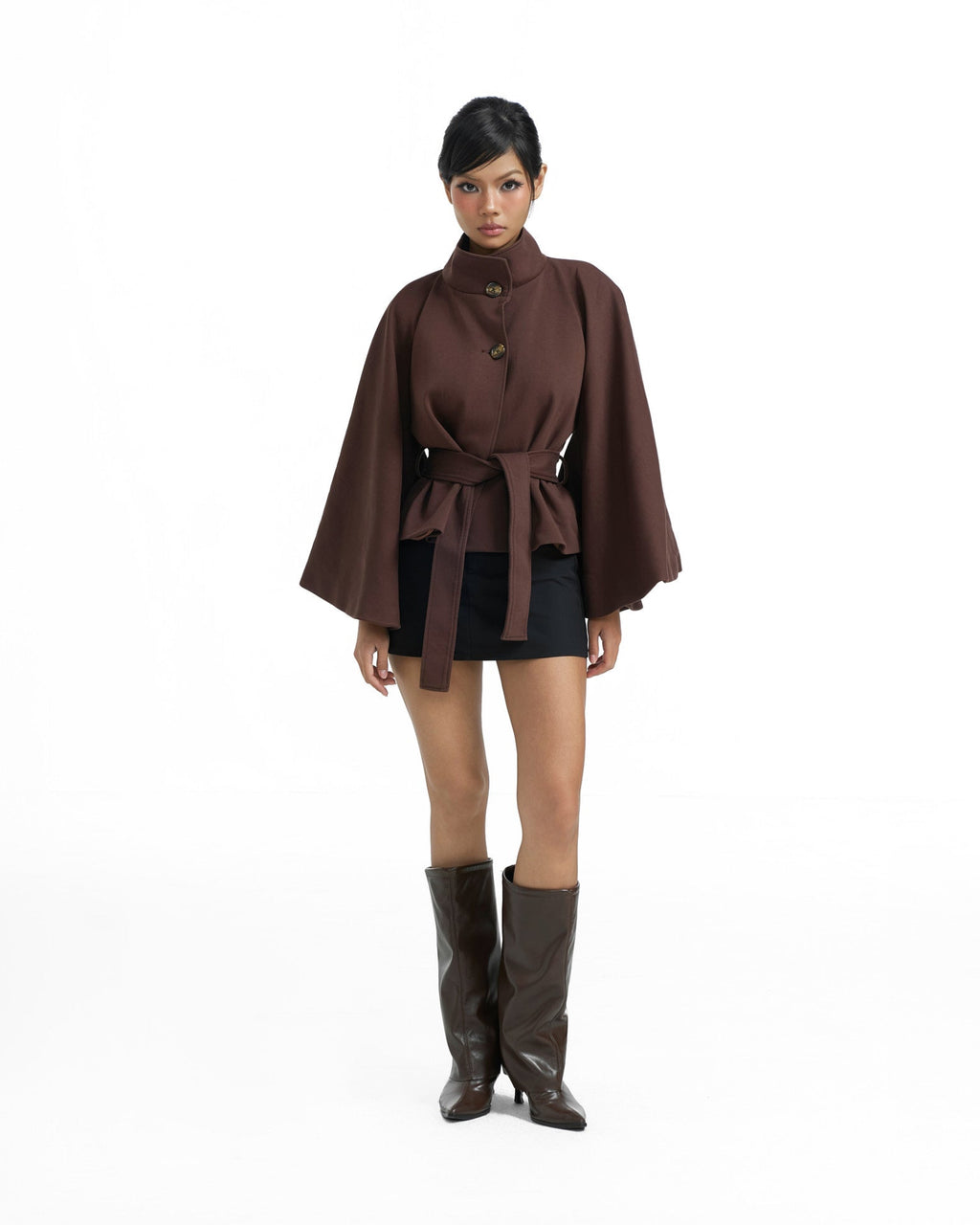 02 Brown High Collar Cape Jacket