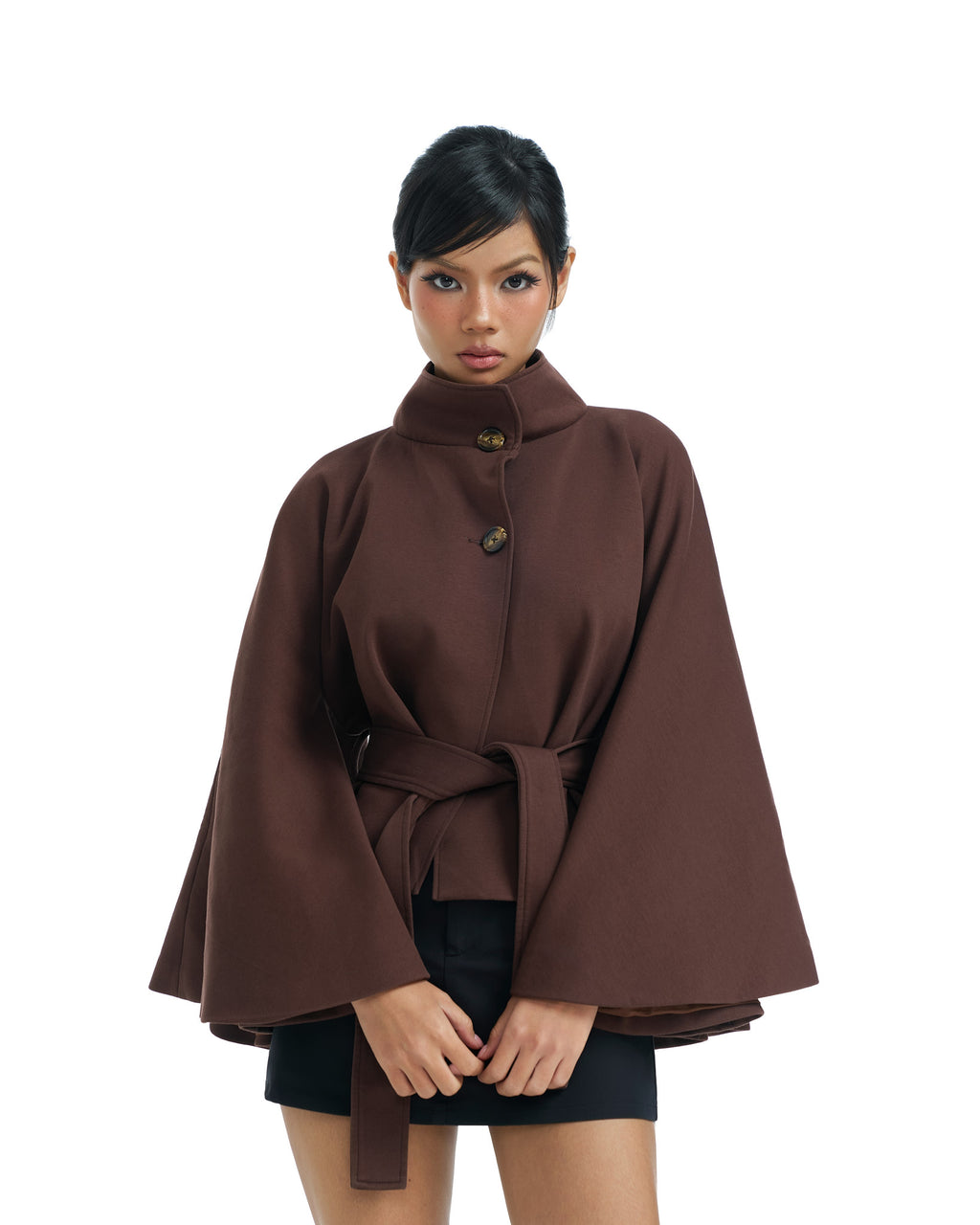 02 Brown High Collar Cape Jacket